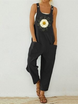 Streetwear Regular Fit Floral U Neck Sleeveless Pocket Overall - Image 5