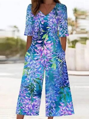 Streetwear Regular Fit Floral V Neck Short Sleeve Wide Leg Jumpsuit - Image 1
