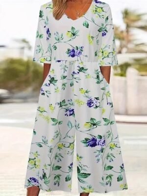 Streetwear Regular Fit Floral V Neck Short Sleeve Wide Leg Jumpsuit - Image 1