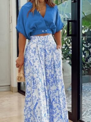Streetwear Regular Fit Floral V Neck Short Sleeve Crop Top & Pants Set - Image 1
