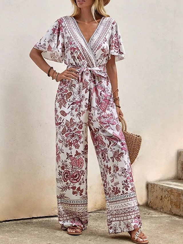 Streetwear Regular Fit Floral V Neck Short Sleeve Straight Jumpsuit - Image 1