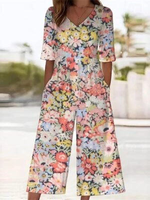 Streetwear Regular Fit Floral V Neck Short Sleeve Wide Leg Jumpsuit - Image 1