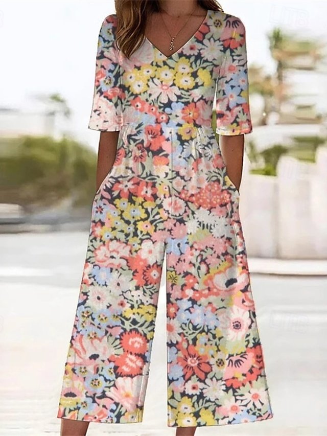 Streetwear Regular Fit Floral V Neck Short Sleeve Wide Leg Jumpsuit - Image 1