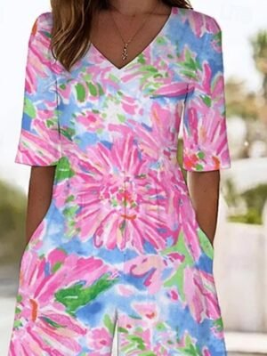 Streetwear Regular Fit Floral V Neck Short Sleeve Wide Leg Jumpsuit - Image 2