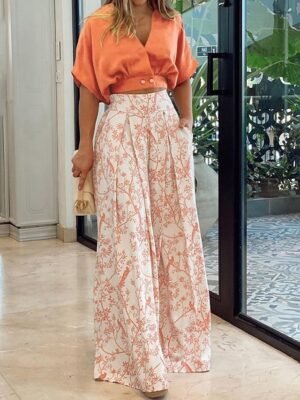 Streetwear Regular Fit Floral V Neck Short Sleeve Crop Top & Pants Set - Image 2