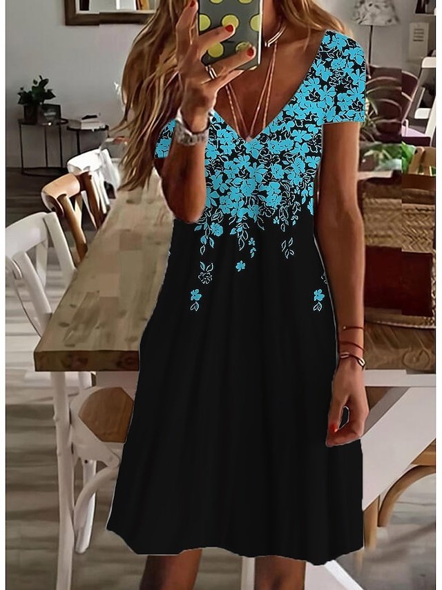 Streetwear Regular Fit Floral V Neck Short Sleeve Mini Dress - Image 2