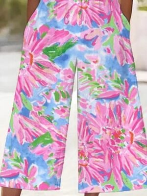 Streetwear Regular Fit Floral V Neck Short Sleeve Wide Leg Jumpsuit - Image 3