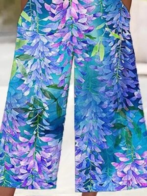 Streetwear Regular Fit Floral V Neck Short Sleeve Wide Leg Jumpsuit - Image 3