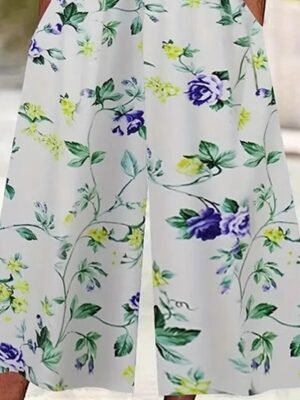 Streetwear Regular Fit Floral V Neck Short Sleeve Wide Leg Jumpsuit - Image 3