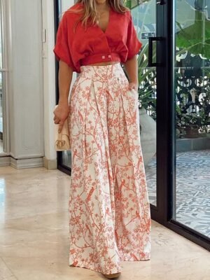 Streetwear Regular Fit Floral V Neck Short Sleeve Crop Top & Pants Set - Image 3