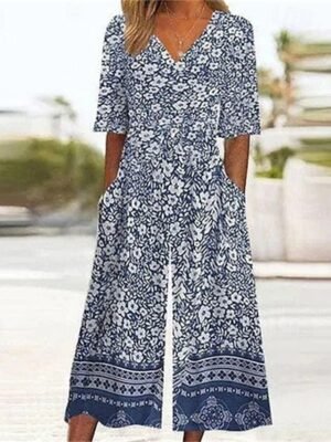 Streetwear Regular Fit Floral V Neck Short Sleeve Wide Leg Jumpsuit - Image 4