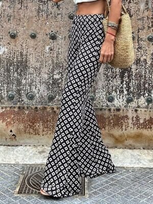 Streetwear Regular Fit Geometric High Waist Bell Bottom Trousers - Image 1