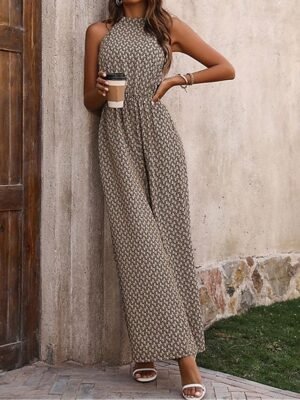 Streetwear Regular Fit Geometric Stand Collar Sleeveless Jumpsuit - Image 4