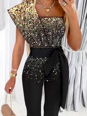 Streetwear Regular Fit Gradient One Shoulder Short Sleeve Jumpsuit - Image 2