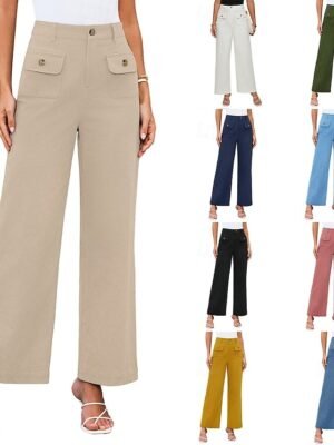 Streetwear Regular Fit High Waist Plain Long Wide Leg Trousers - Image 1