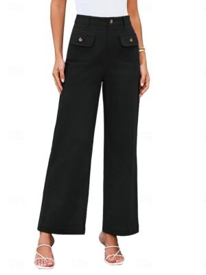 Streetwear Regular Fit High Waist Plain Long Wide Leg Trousers - Image 11