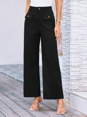 Streetwear Regular Fit High Waist Plain Long Wide Leg Trousers - Image 12