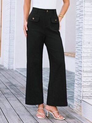 Streetwear Regular Fit High Waist Plain Long Wide Leg Trousers - Image 13