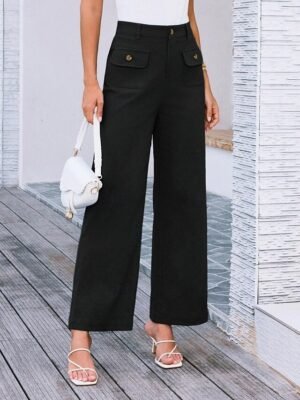Streetwear Regular Fit High Waist Plain Long Wide Leg Trousers - Image 14