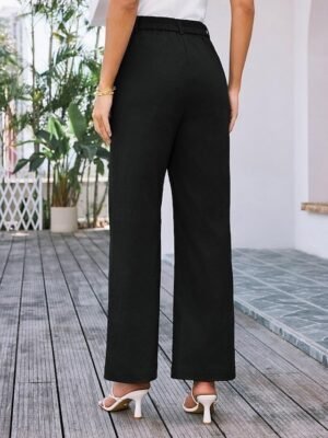 Streetwear Regular Fit High Waist Plain Long Wide Leg Trousers - Image 15