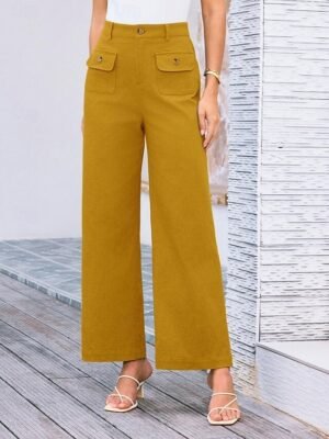Streetwear Regular Fit High Waist Plain Long Wide Leg Trousers - Image 17