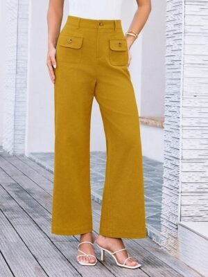 Streetwear Regular Fit High Waist Plain Long Wide Leg Trousers - Image 18