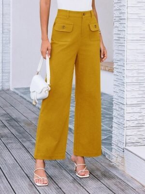 Streetwear Regular Fit High Waist Plain Long Wide Leg Trousers - Image 19
