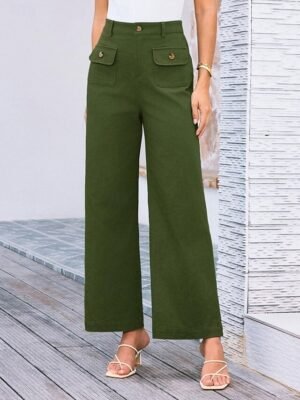 Streetwear Regular Fit High Waist Plain Long Wide Leg Trousers - Image 22