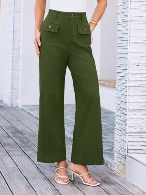 Streetwear Regular Fit High Waist Plain Long Wide Leg Trousers - Image 23