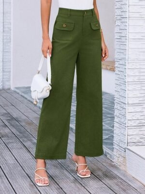 Streetwear Regular Fit High Waist Plain Long Wide Leg Trousers - Image 24