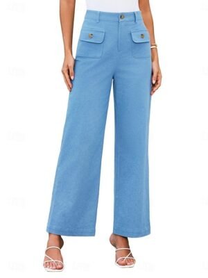 Streetwear Regular Fit High Waist Plain Long Wide Leg Trousers - Image 26