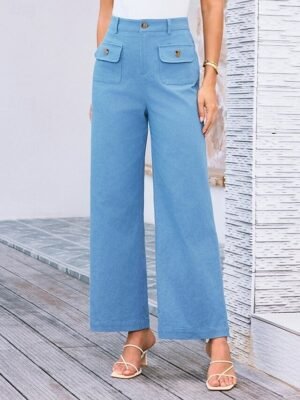 Streetwear Regular Fit High Waist Plain Long Wide Leg Trousers - Image 27