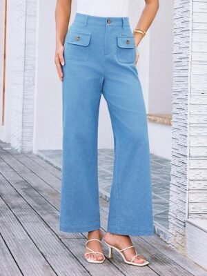 Streetwear Regular Fit High Waist Plain Long Wide Leg Trousers - Image 28