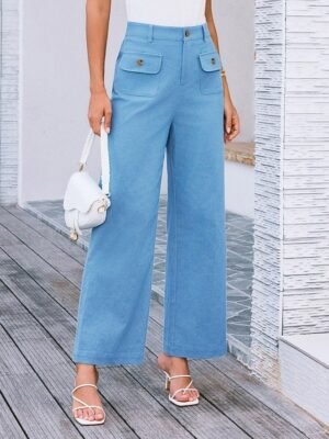 Streetwear Regular Fit High Waist Plain Long Wide Leg Trousers - Image 29