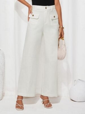 Streetwear Regular Fit High Waist Plain Long Wide Leg Trousers - Image 3