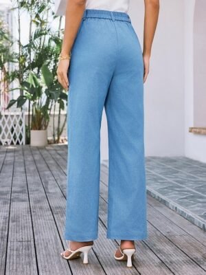 Streetwear Regular Fit High Waist Plain Long Wide Leg Trousers - Image 30