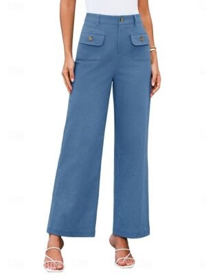 Streetwear Regular Fit High Waist Plain Long Wide Leg Trousers - Image 31