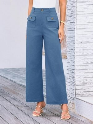 Streetwear Regular Fit High Waist Plain Long Wide Leg Trousers - Image 32