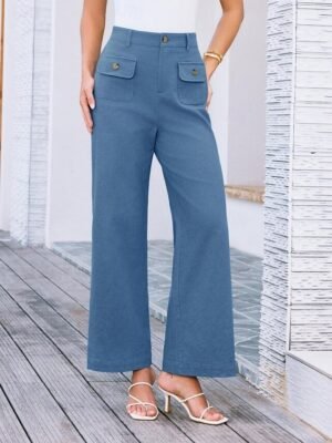 Streetwear Regular Fit High Waist Plain Long Wide Leg Trousers - Image 33