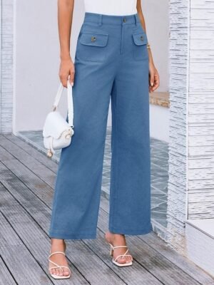 Streetwear Regular Fit High Waist Plain Long Wide Leg Trousers - Image 34