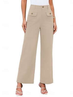 Streetwear Regular Fit High Waist Plain Long Wide Leg Trousers - Image 37
