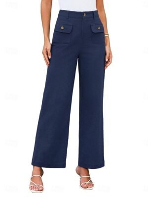 Streetwear Regular Fit High Waist Plain Long Wide Leg Trousers - Image 7