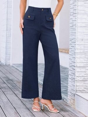 Streetwear Regular Fit High Waist Plain Long Wide Leg Trousers - Image 9