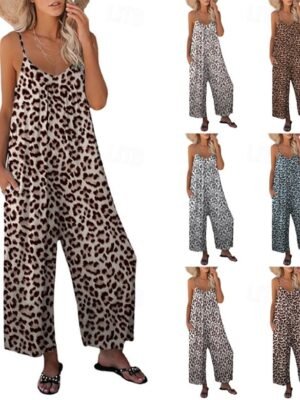 Streetwear Regular Fit Leopard V Neck Sleeveless Jumpsuit - Image 1