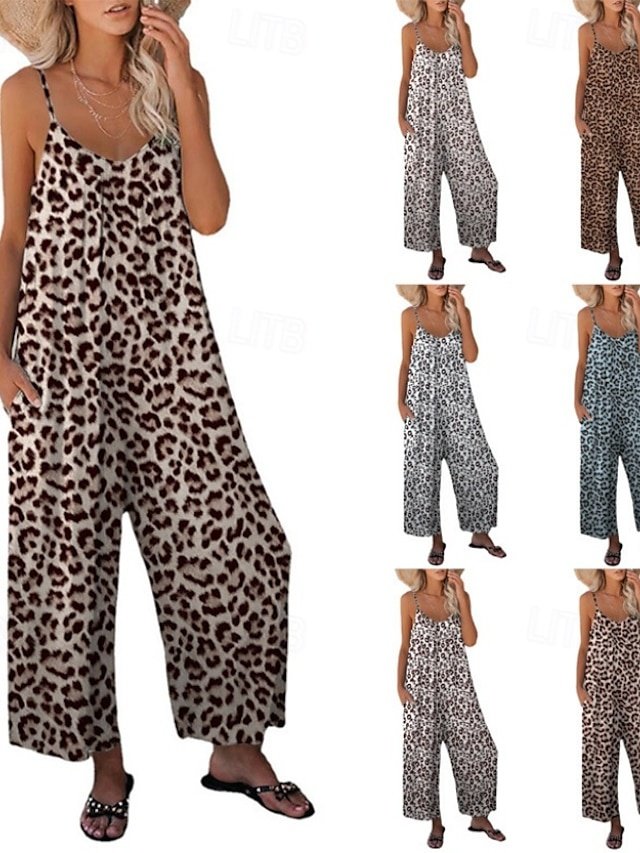 Streetwear Regular Fit Leopard V Neck Sleeveless Jumpsuit - Image 1