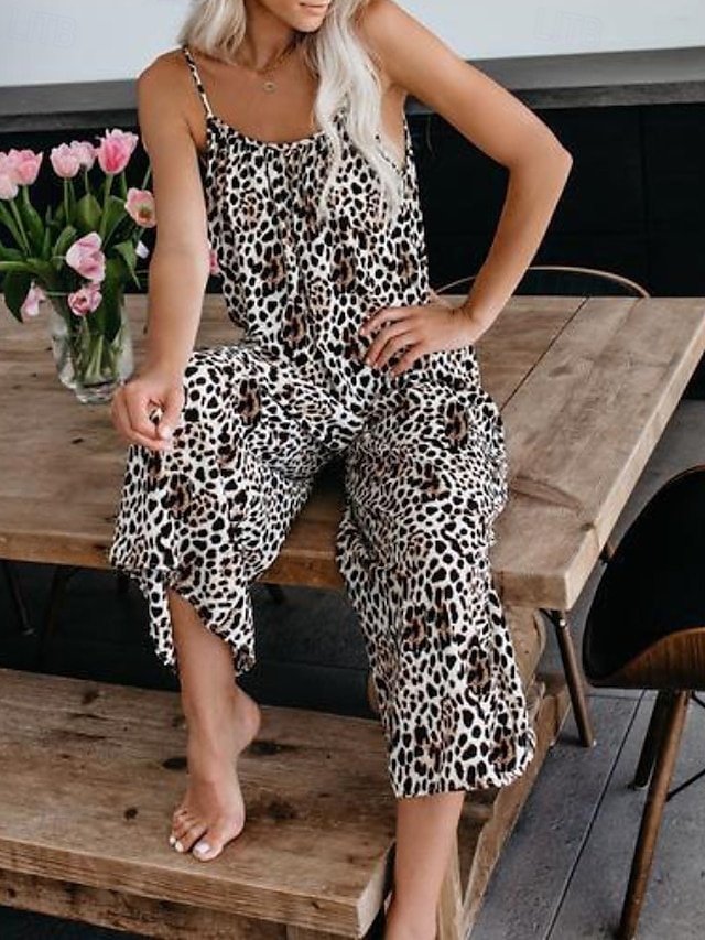 Streetwear Regular Fit Leopard V Neck Sleeveless Jumpsuit - Image 2