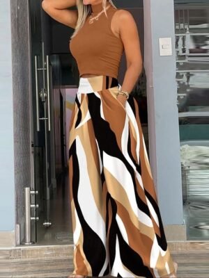 Streetwear Regular Fit Natural Geometry Elastic Waist Full Length Wide Leg Slacks - Image 1