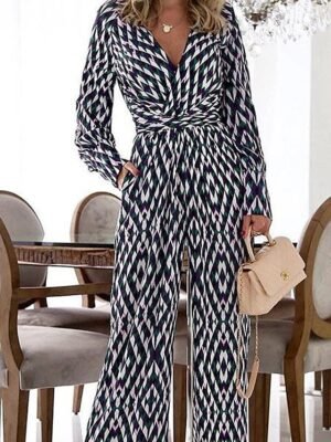 Streetwear Regular Fit Plaid Deep V Long Sleeve Wide Leg Jumpsuit - Image 3