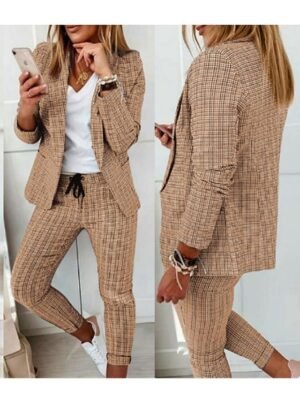 Streetwear Regular Fit Plaid Shirt Collar Long Sleeve Blazer Suit - Image 2