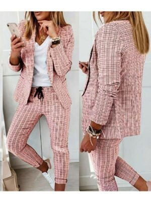 Streetwear Regular Fit Plaid Shirt Collar Long Sleeve Blazer Suit - Image 3